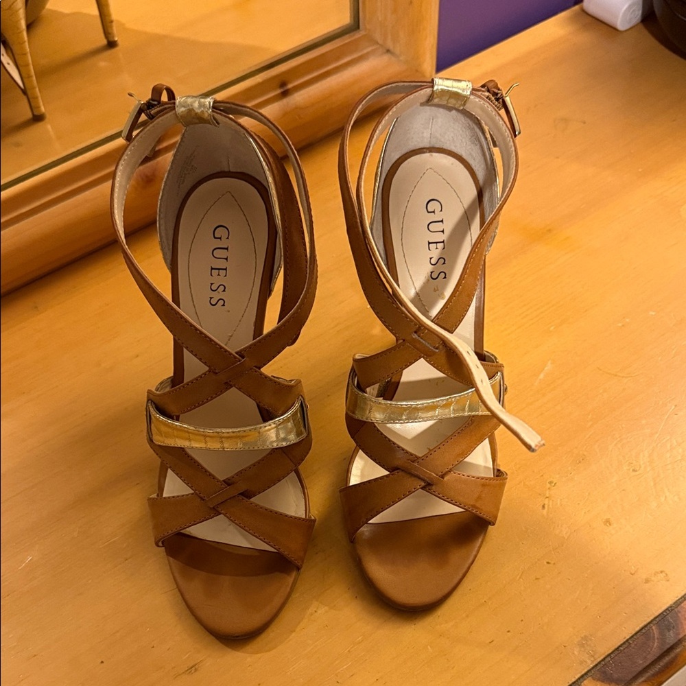 Guess Women's Tan and Gold Strappy Heels